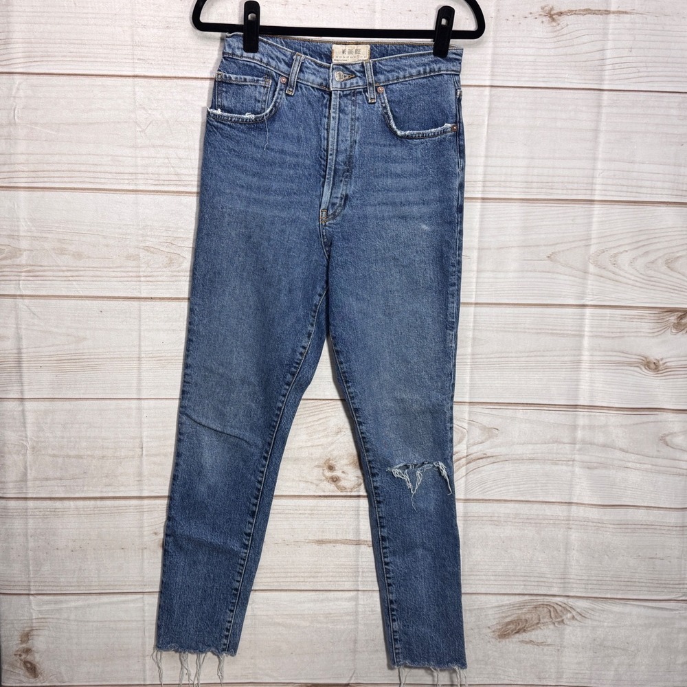 We The Free Free People High Rise Skinny Jeans Med Wash Button Fly Distressed 30